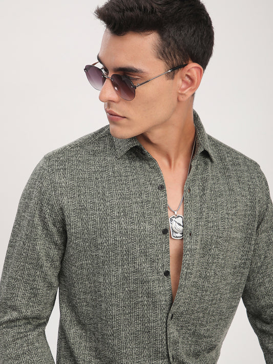 Green Textured Knitted Shirt