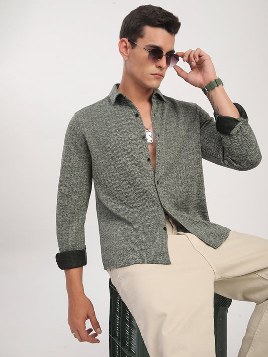 Green Textured Knitted Shirt