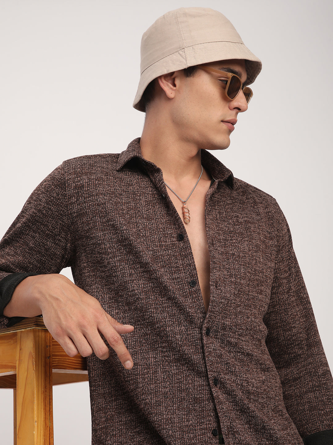 Brown Textured Knitted Shirt
