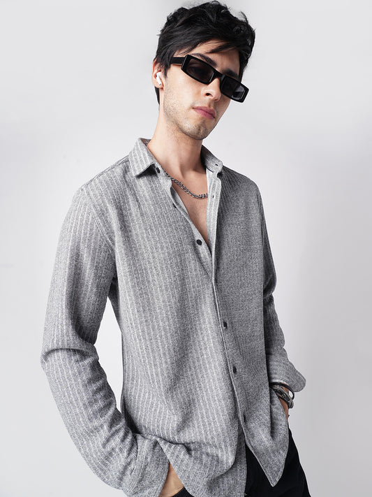Smoke Grey Self-Design Ribbed Knitted Shirt