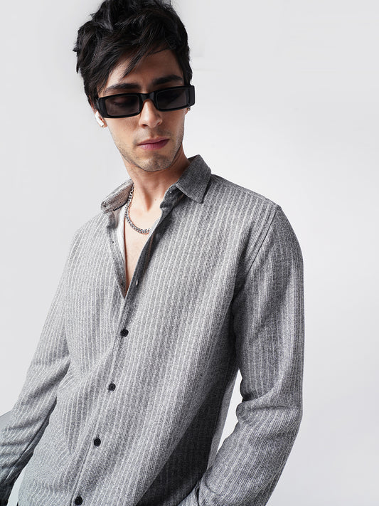 Smoke Grey Self-Design Ribbed Knitted Shirt