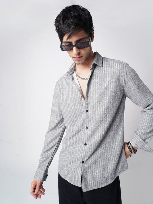 Smoke Grey Self-Design Ribbed Knitted Shirt