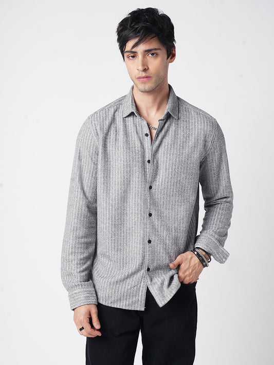 Smoke Grey Self-Design Ribbed Knitted Shirt