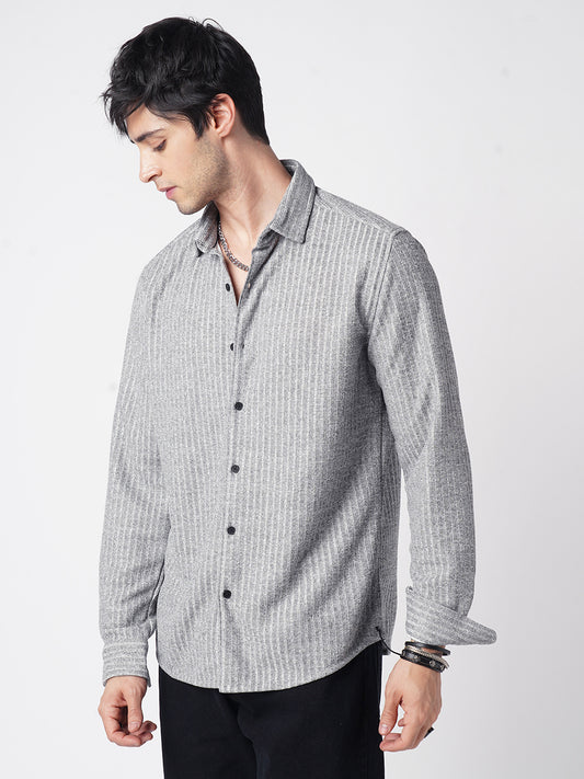 Smoke Grey Self-Design Ribbed Knitted Shirt