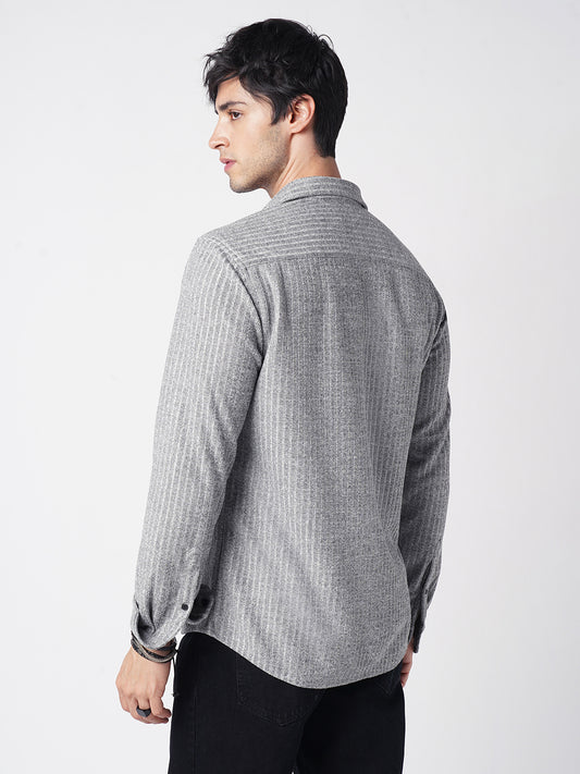 Smoke Grey Self-Design Ribbed Knitted Shirt