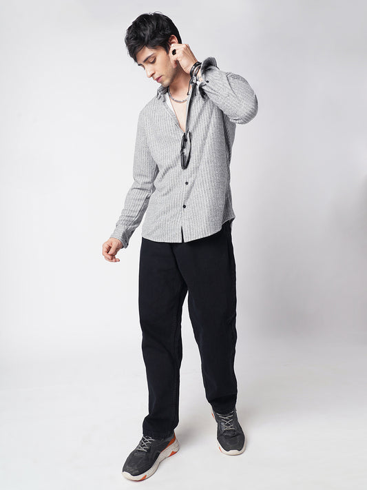 Smoke Grey Self-Design Ribbed Knitted Shirt