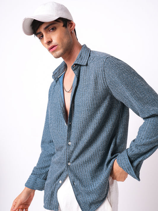 Plush Prussian Blue Ribbed Knitted Shirt