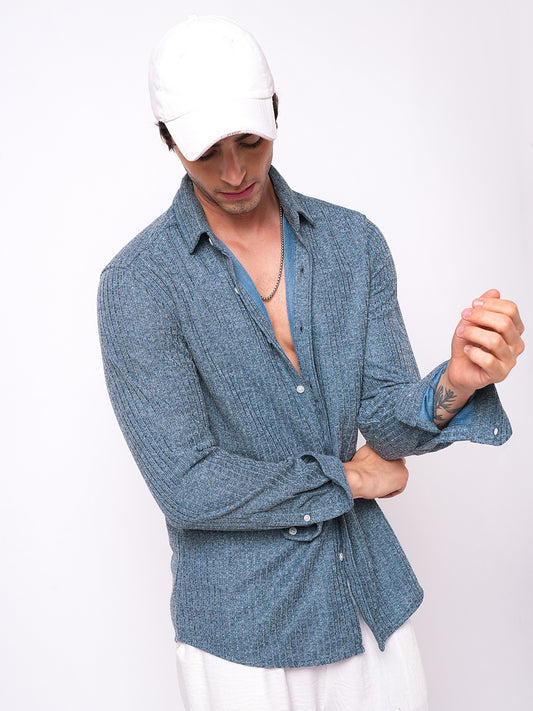 Plush Prussian Blue Ribbed Knitted Shirt