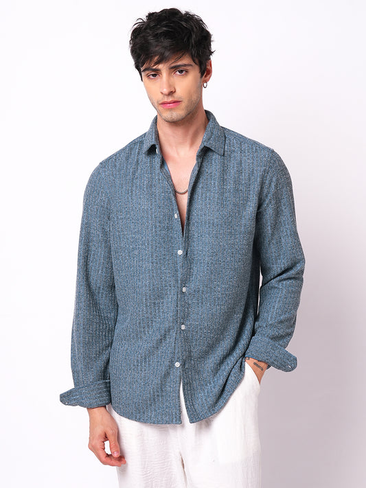 Plush Prussian Blue Ribbed Knitted Shirt