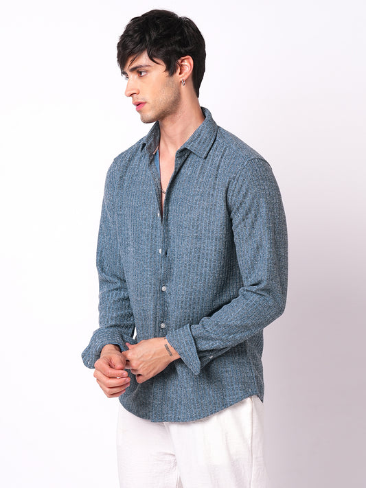 Plush Prussian Blue Ribbed Knitted Shirt