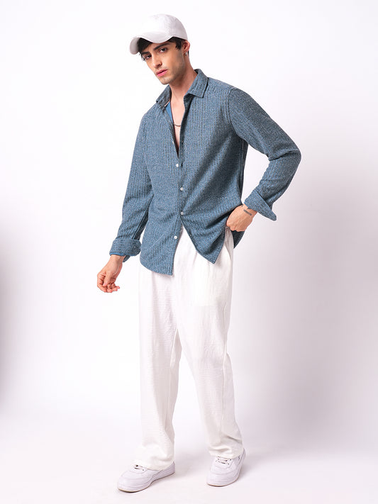 Plush Prussian Blue Ribbed Knitted Shirt