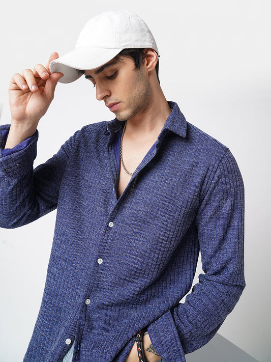 Midnight Blue Self-Design Ribbed Knitted Shirt