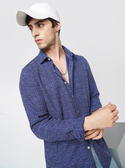Midnight Blue Self-Design Ribbed Knitted Shirt