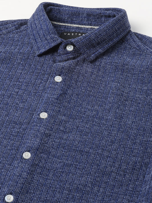 Midnight Blue Self-Design Ribbed Knitted Shirt