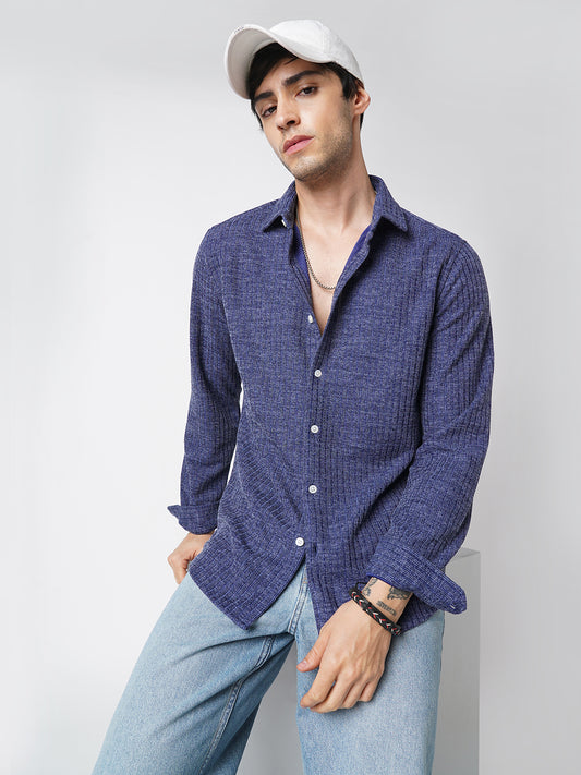 Midnight Blue Self-Design Ribbed Knitted Shirt