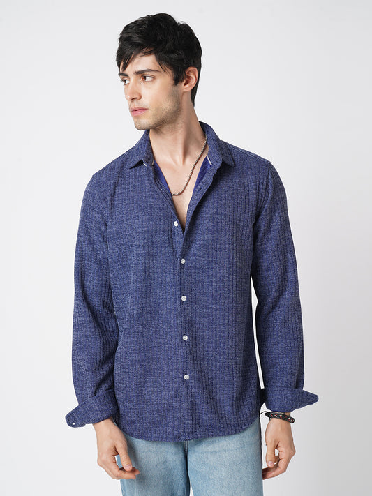 Midnight Blue Self-Design Ribbed Knitted Shirt