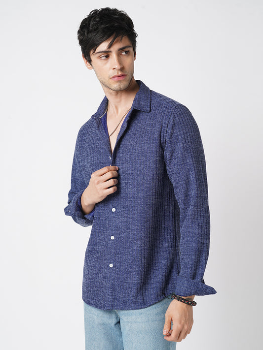 Midnight Blue Self-Design Ribbed Knitted Shirt