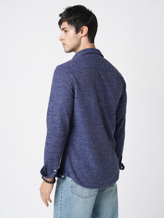 Midnight Blue Self-Design Ribbed Knitted Shirt