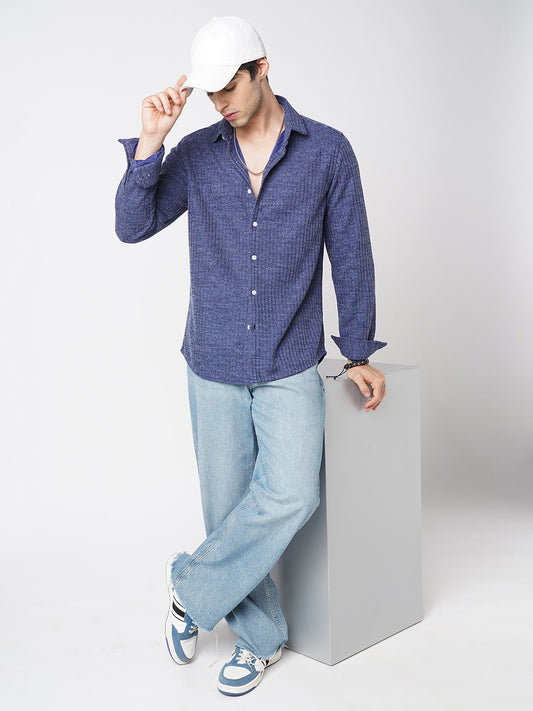 Midnight Blue Self-Design Ribbed Knitted Shirt