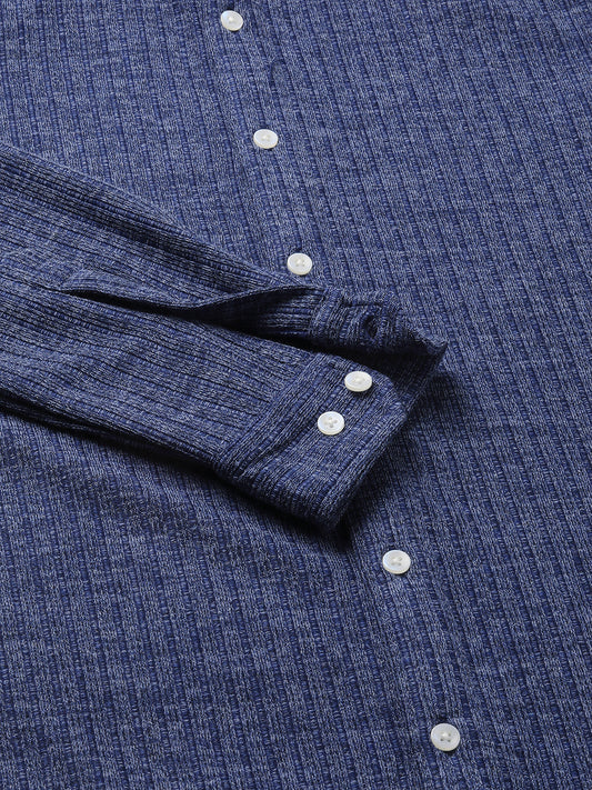 Midnight Blue Self-Design Ribbed Knitted Shirt