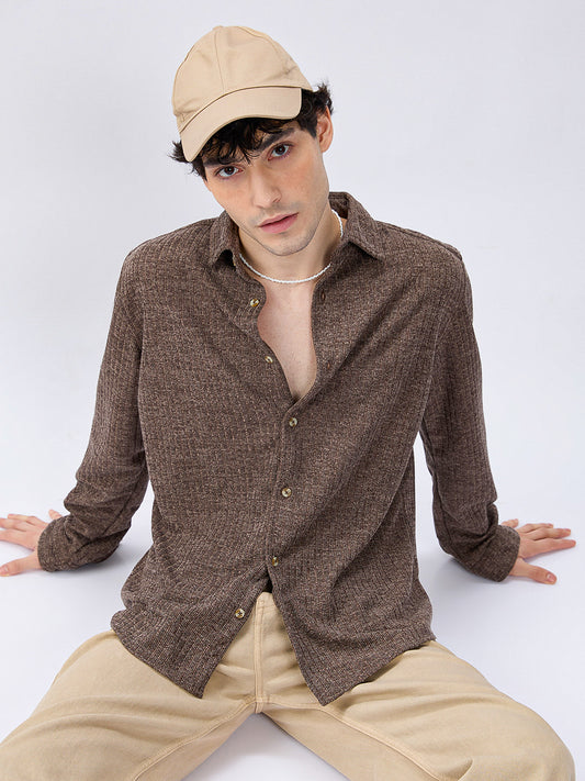 Coffee Brown Ribbed Knitted Shirt
