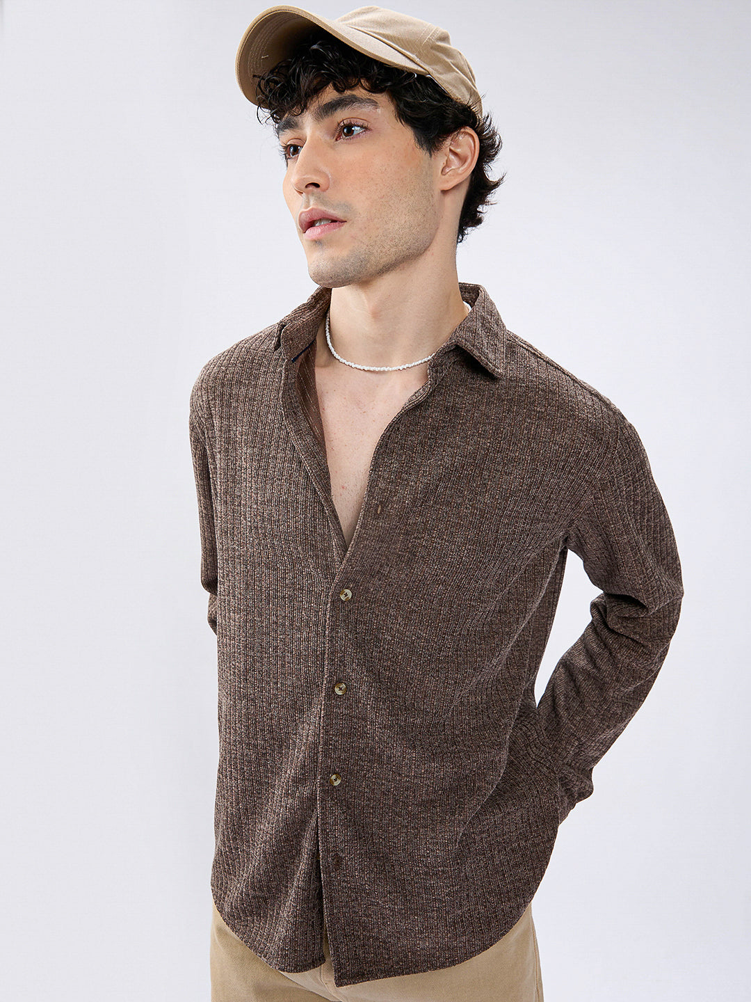 Coffee Brown Ribbed Knitted Shirt