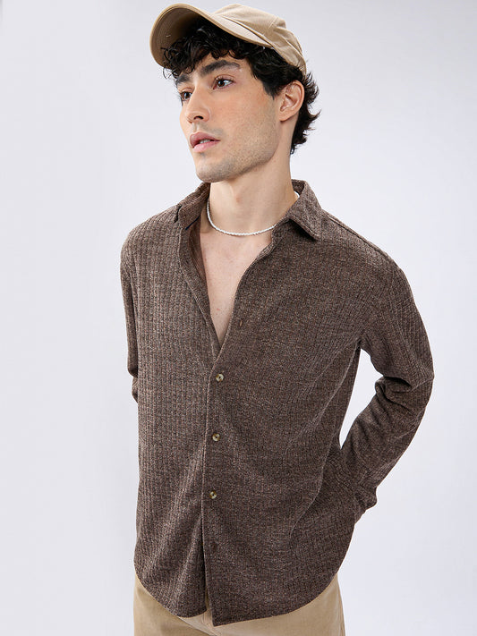 Coffee Brown Ribbed Knitted Shirt