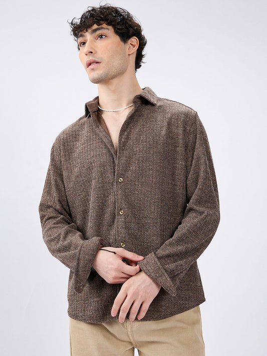 Coffee Brown Ribbed Knitted Shirt