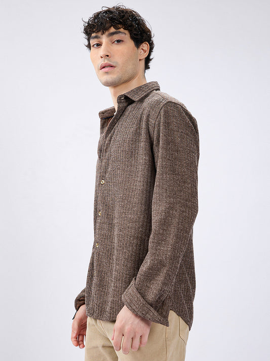 Coffee Brown Ribbed Knitted Shirt
