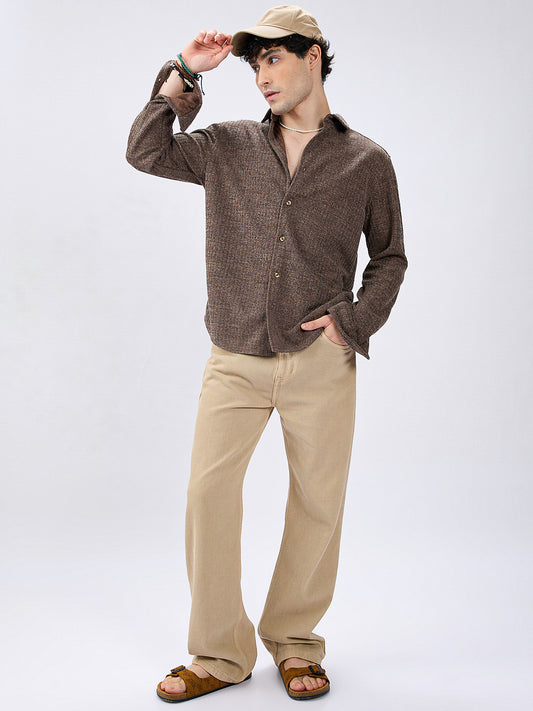 Coffee Brown Ribbed Knitted Shirt