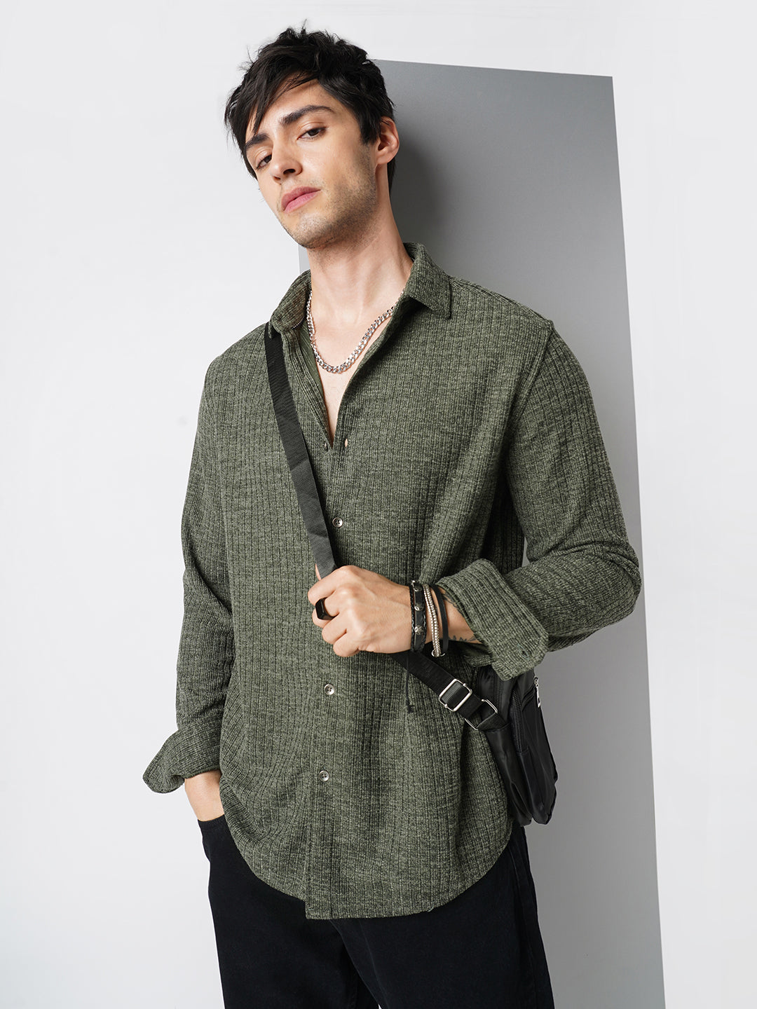 Seaweed Green Self-Design Ribbed Knitted Shirt