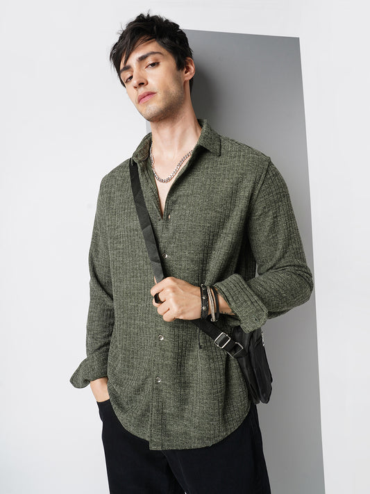 Seaweed Green Self-Design Ribbed Knitted Shirt