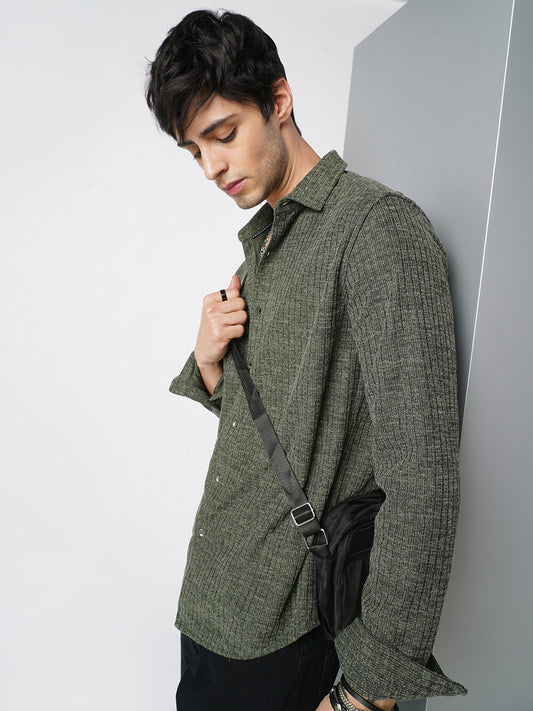 Seaweed Green Self-Design Ribbed Knitted Shirt