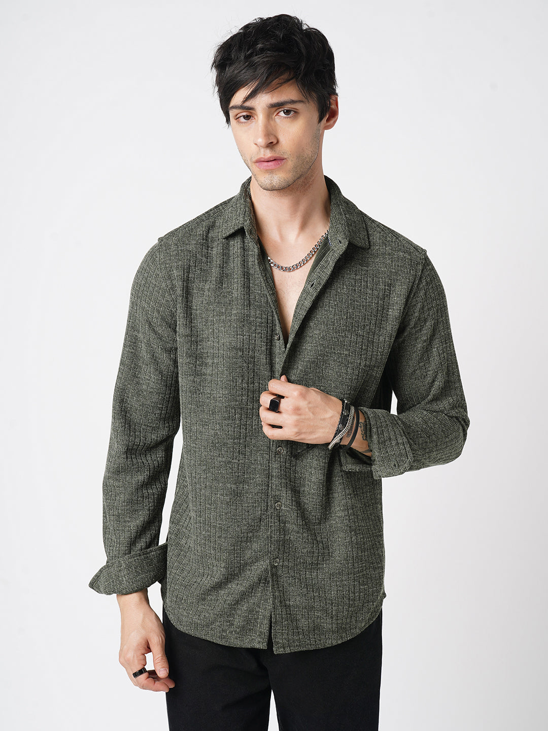 Seaweed Green Self-Design Ribbed Knitted Shirt