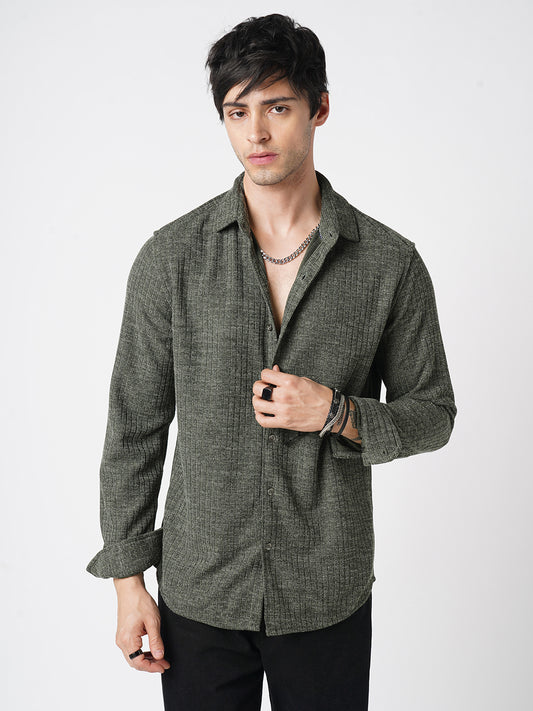 Seaweed Green Self-Design Ribbed Knitted Shirt