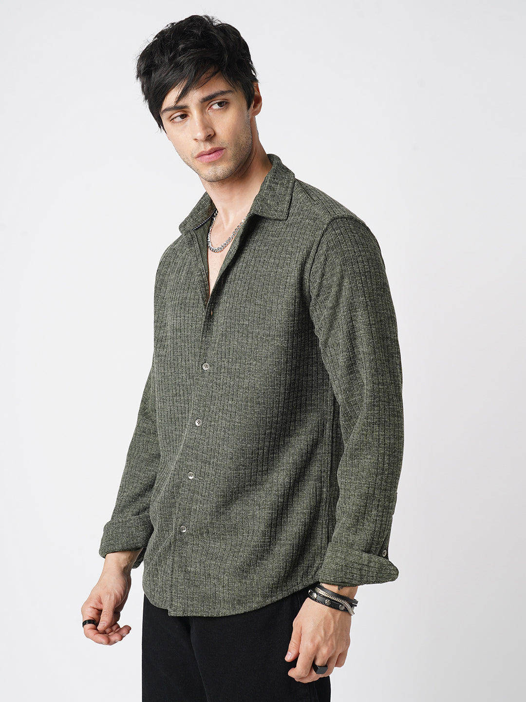 Seaweed Green Self-Design Ribbed Knitted Shirt