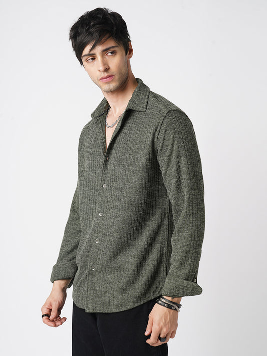 Seaweed Green Self-Design Ribbed Knitted Shirt