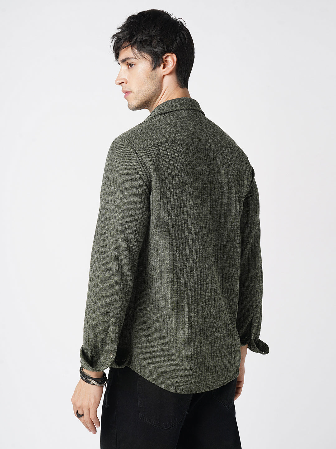 Seaweed Green Self-Design Ribbed Knitted Shirt