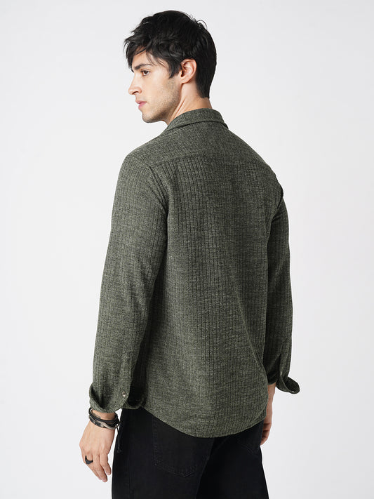 Seaweed Green Self-Design Ribbed Knitted Shirt