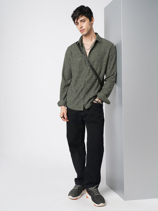 Seaweed Green Self-Design Ribbed Knitted Shirt