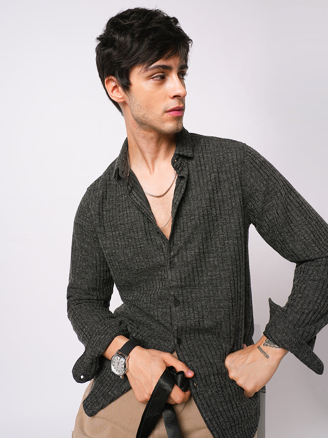 Plush Onyx Black Ribbed Knitted Shirt