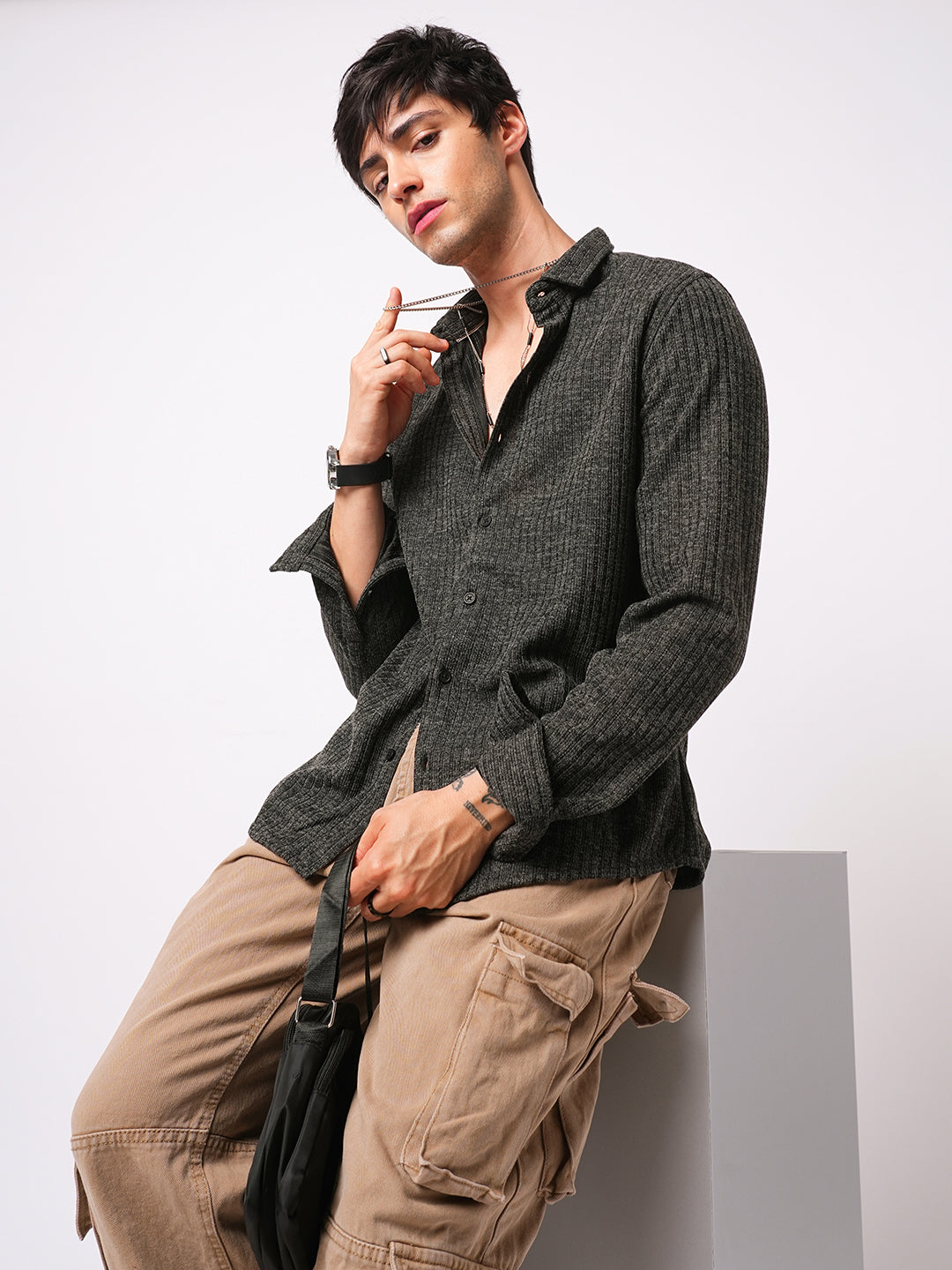 Plush Onyx Black Ribbed Knitted Shirt