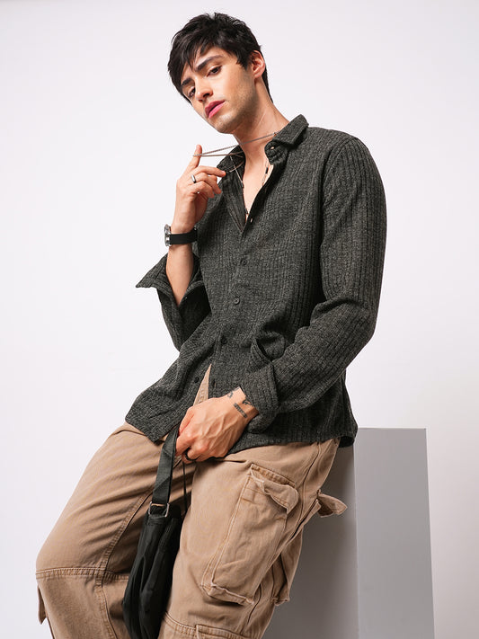 Plush Onyx Black Ribbed Knitted Shirt