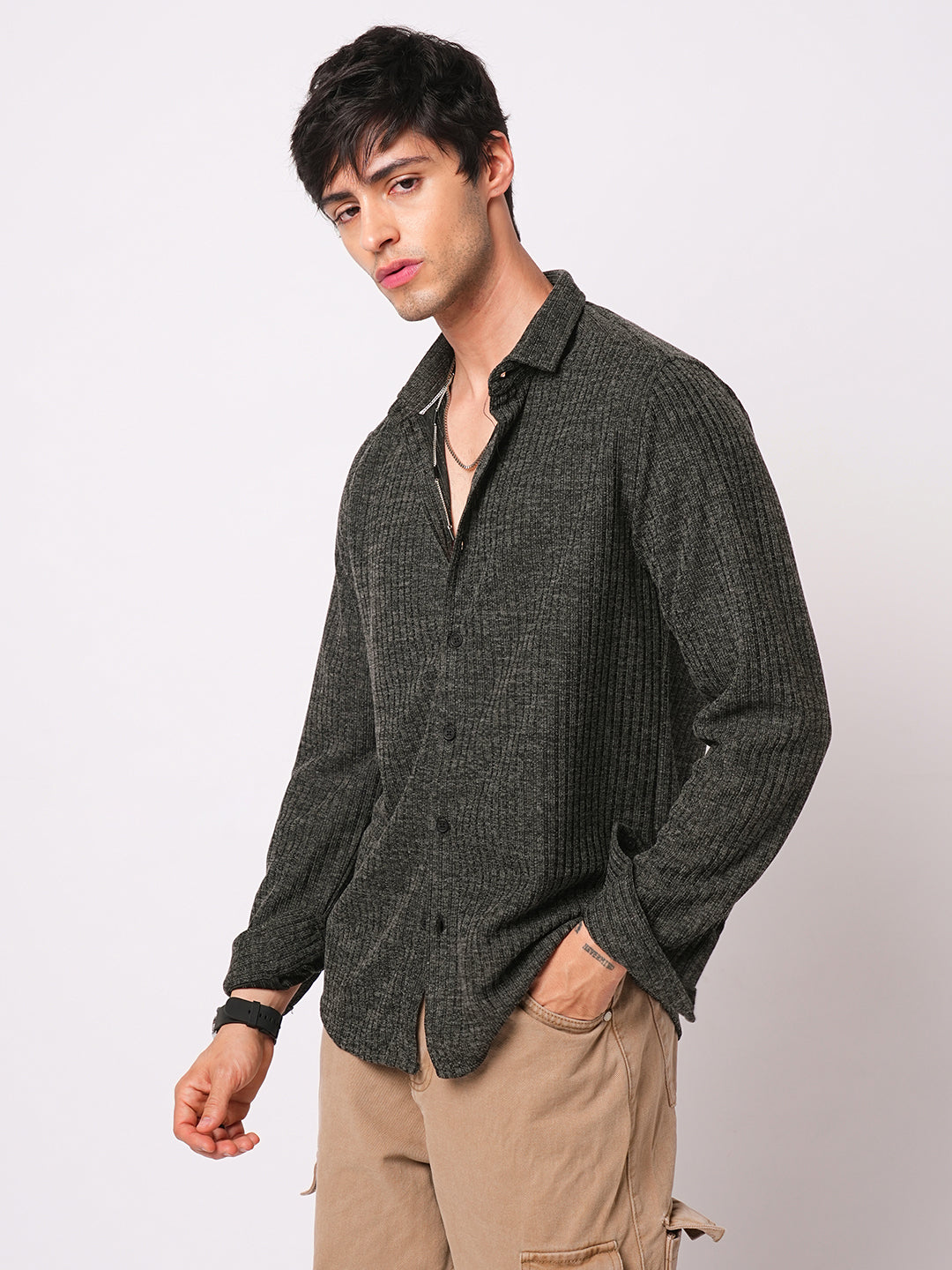Plush Onyx Black Ribbed Knitted Shirt
