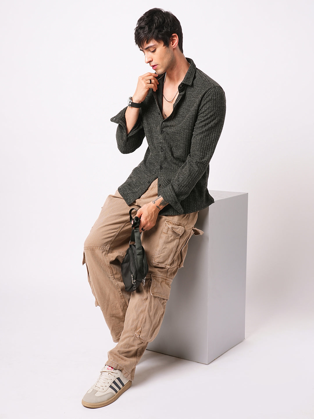 Plush Onyx Black Ribbed Knitted Shirt