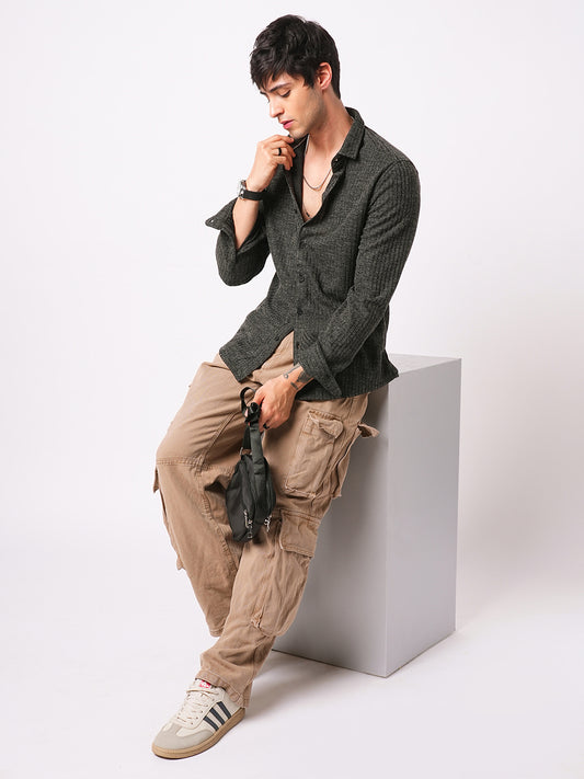 Plush Onyx Black Ribbed Knitted Shirt