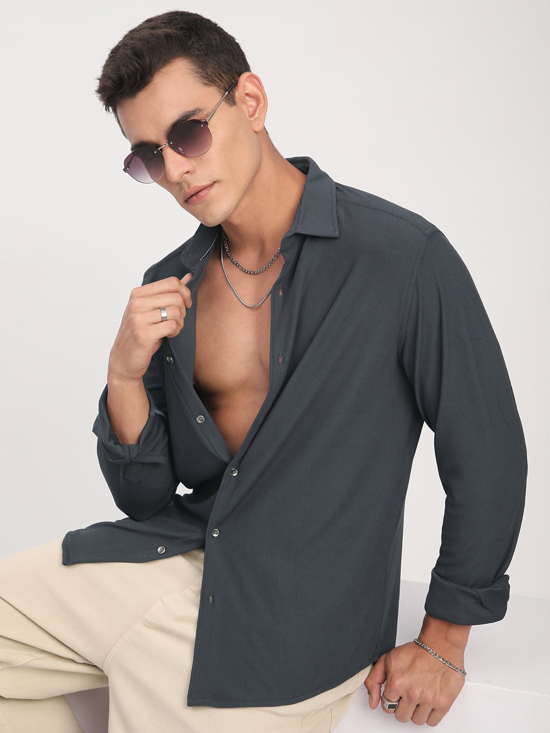 Dark Grey Textured Knitted Shirt
