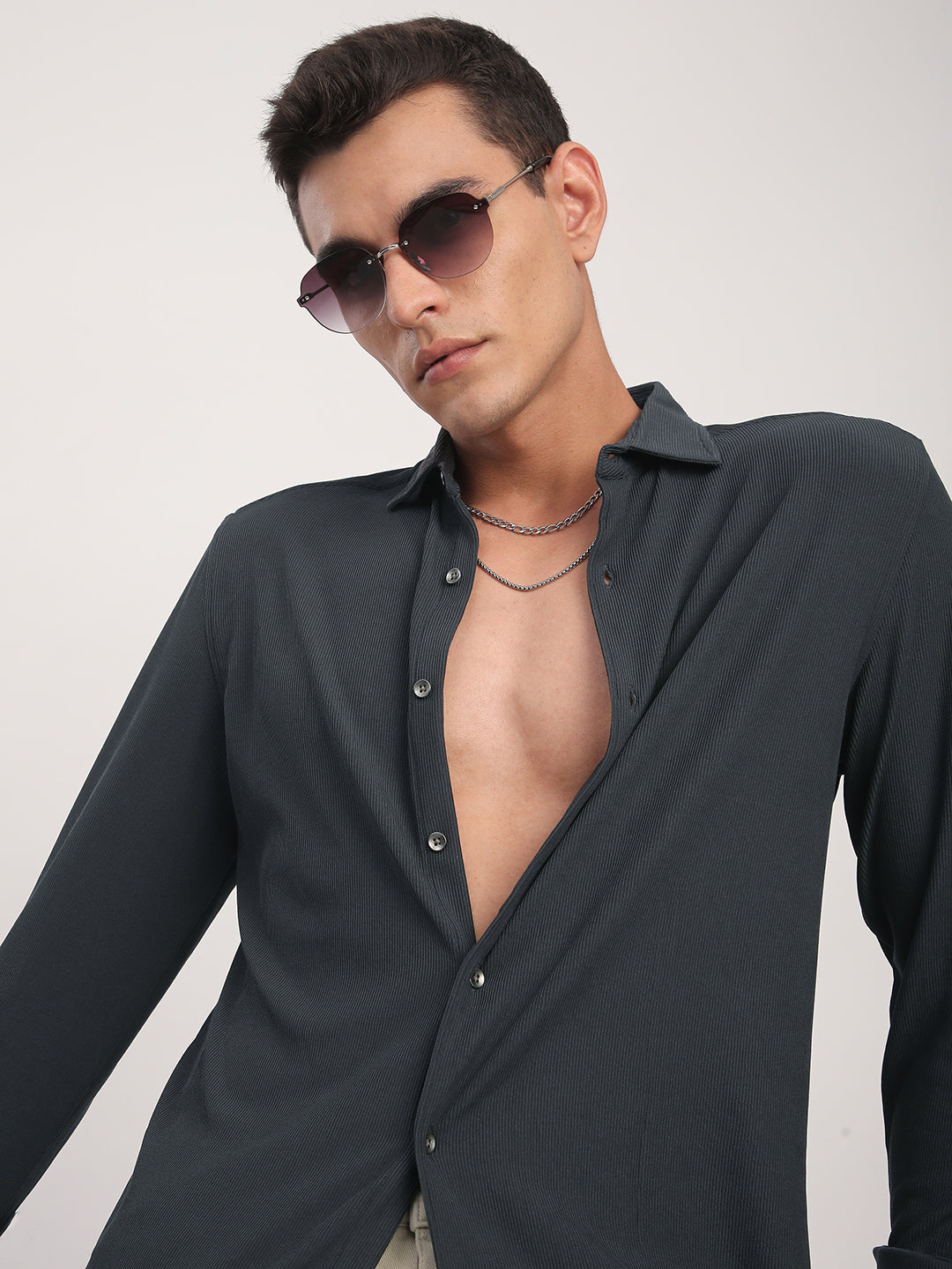 Dark Grey Textured Knitted Shirt