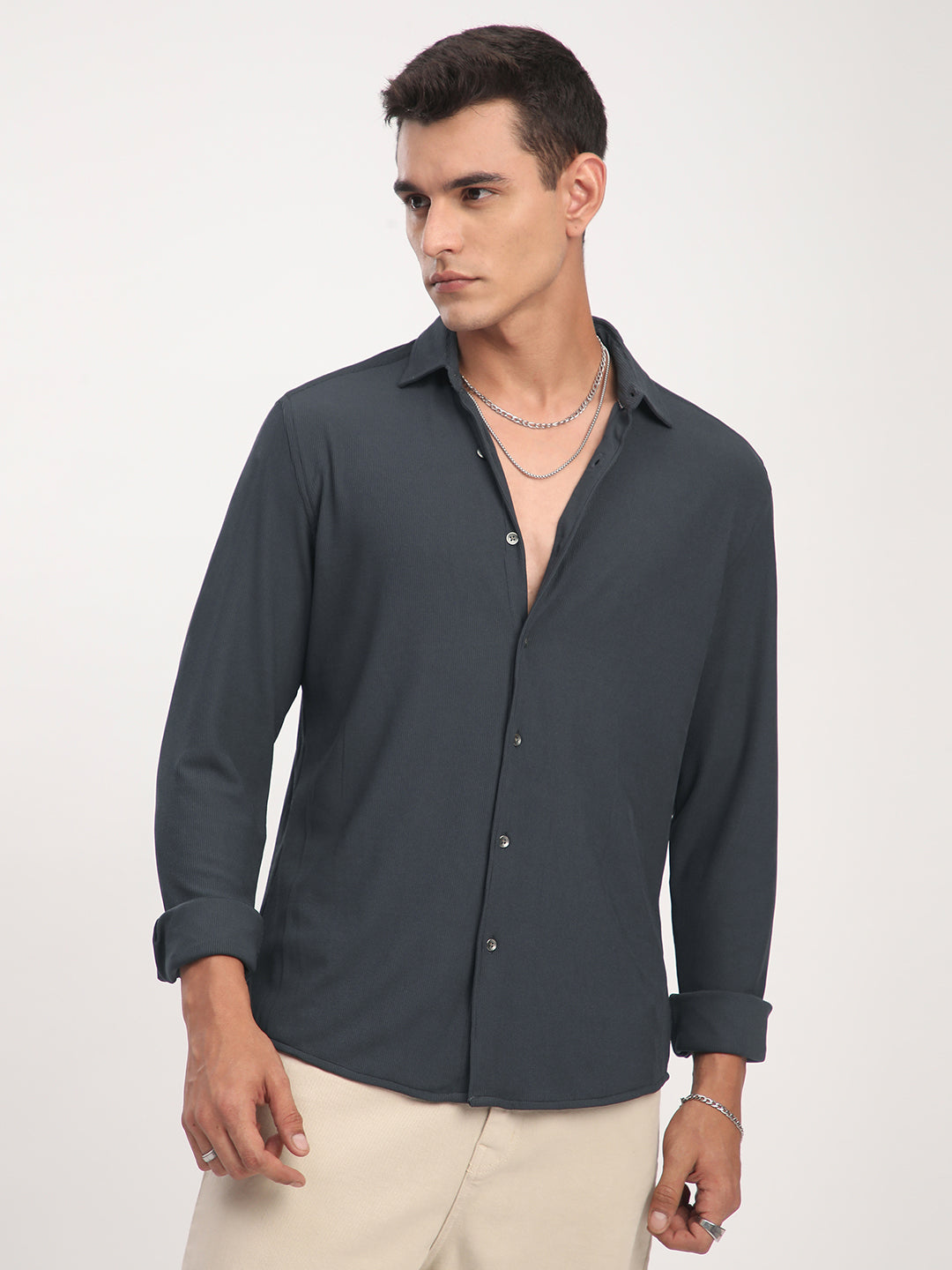 Dark Grey Textured Knitted Shirt