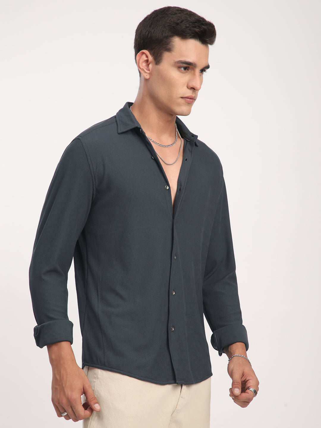 Dark Grey Textured Knitted Shirt